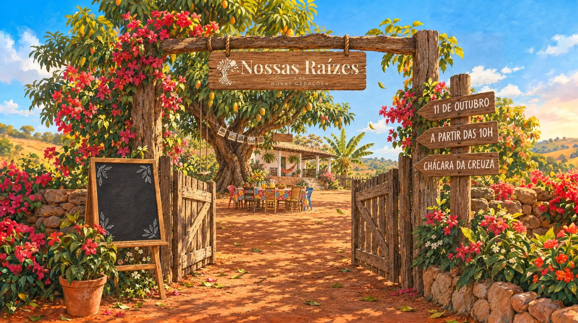 A porteira aberta da chácara, com a placa Nossas Raízes e as Novas Gerações. Ao lado, uma lousa de giz com a contagem dos dias e um poste com setas: 11 de outubro, a partir das 10h, Chácara da Creuza. Lá dentro, a mangueira, a mesa posta e o varal de fotos.