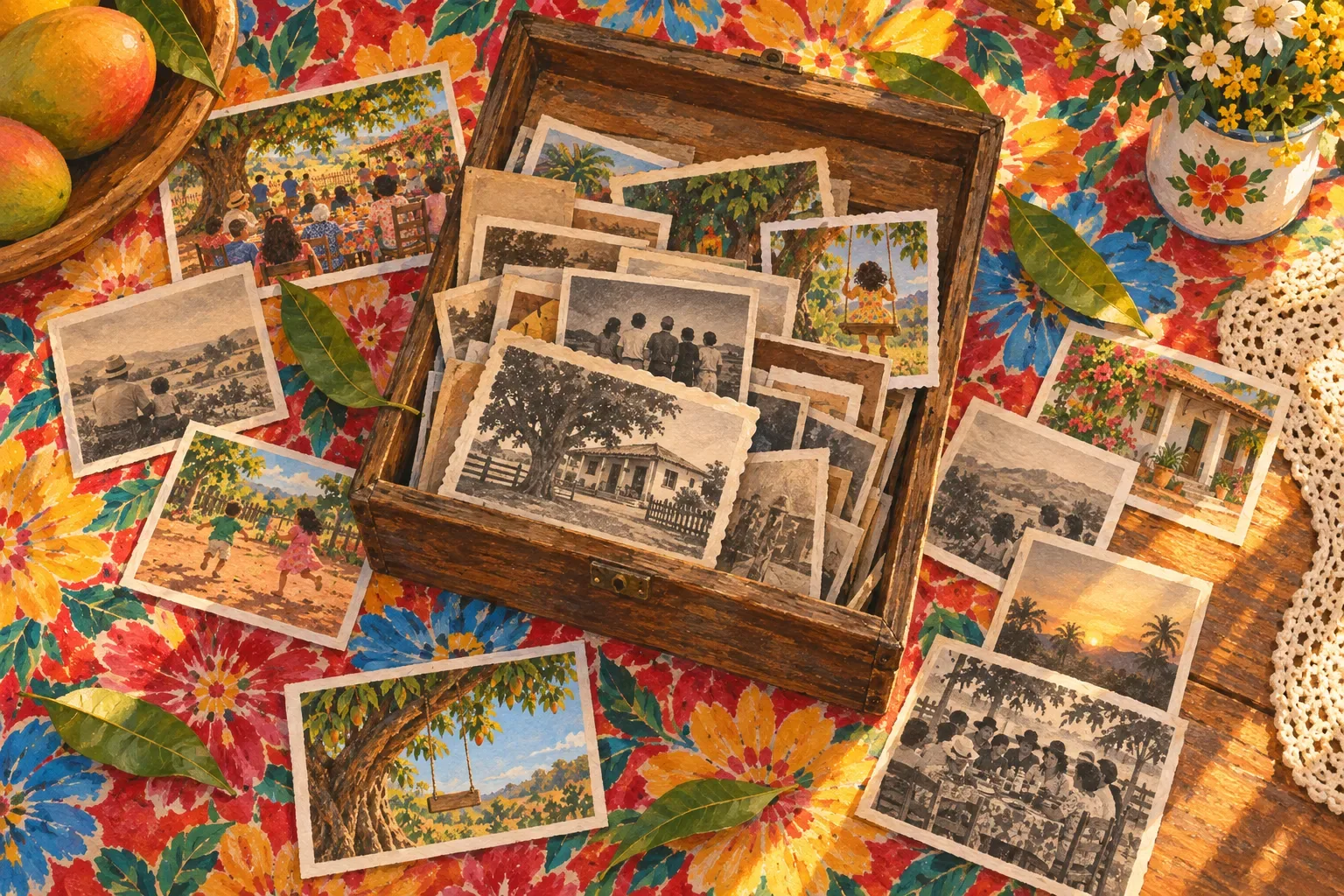 Uma caixa de madeira cheia de fotos antigas e novas sobre a toalha de chita, com folhas de mangueira caídas por cima.